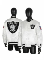 A dual-angle shot showing both the front layout and the rear design of the Tom Brady White Raiders Jacket.