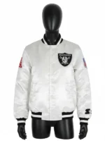 A stylish lifestyle display of the Tom Brady White Raiders Jacket capturing its modern urban aesthetic.
