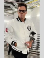 A side perspective of the Tom Brady White Raiders Jacket highlighting the tapered sleeves and neat seams.