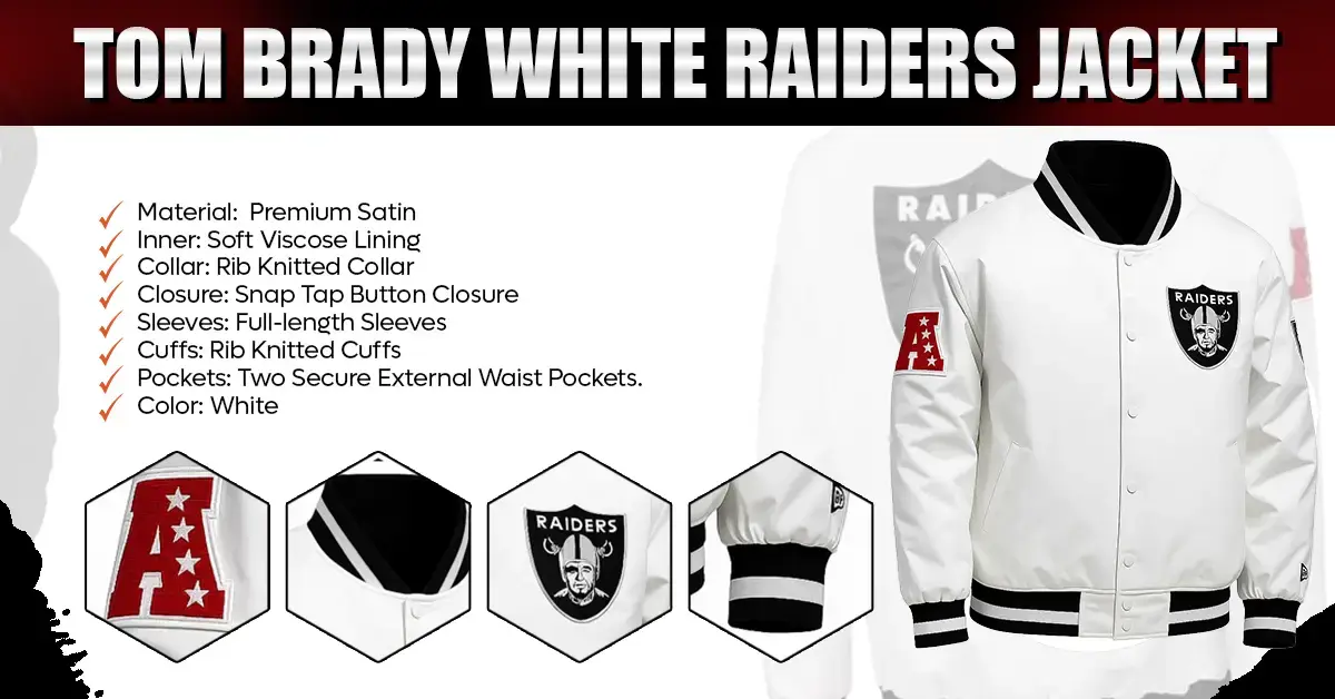 A detailed infographic display of the Tom Brady White Raiders Jacket highlighting its high-grade materials and athletic specs.