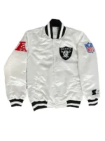 A full lifestyle profile of the Tom Brady White Raiders Jacket showing its bright base and athletic fit.