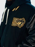Close-up of the front design on the Toronto Jays Anniversary Varsity Jacket.