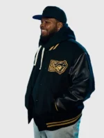 Side profile of the Toronto Jays Anniversary Varsity Jacket.