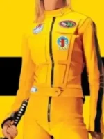 Macro shot of the Uma Thurman Yellow Leather Jacket texture.