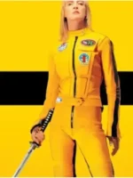 Direct front profile of the Uma Thurman Yellow Leather Jacket.