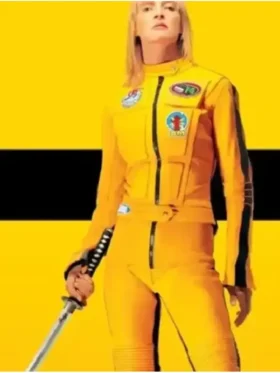 Direct front profile of the Uma Thurman Yellow Leather Jacket.