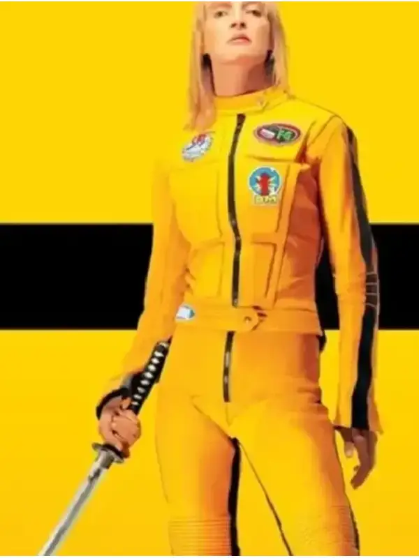 Uma Thurman Yellow Leather Jacket Front View Direct front profile of the Uma Thurman Yellow Leather Jacket.
