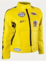 Profile angle of the iconic Uma Thurman Yellow Leather Jacket.