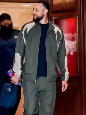 The front profile of the Undefeated Jordan Stephen Curry Jacket featuring signature collaborative branding and a clean collar.
