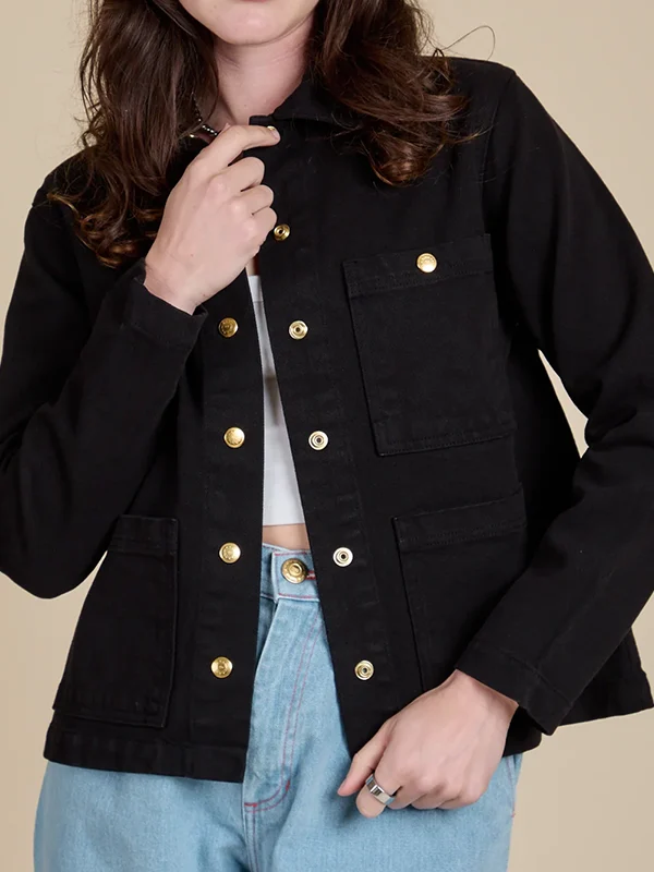 Unisex Denim Work Jacket Black Front View Front view of the Unisex Denim Work Jacket in Black featuring a classic utility design.