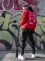 Back and side profile of the Universe XB-03 Red Bomber Jacket.