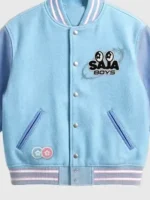 A detailed close-up of the high quality embroidery and fabric texture on the Vandy McDonalds Saja Boys Varsity Jacket.