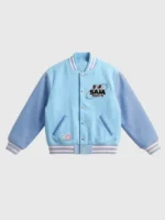 The front profile of the Vandy McDonalds Saja Boys Varsity Jacket featuring contrast sleeves and a secure button closure.