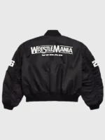 Full rear profile of the WWE x XO Bomber Jacket displaying its structured shape and uniform color.