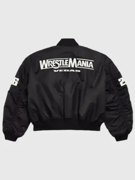 Full rear profile of the WWE x XO Bomber Jacket displaying its structured shape and uniform color.
