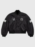 A clean front profile of the WWE x XO Bomber Jacket showcasing its sleek black finish and athletic cut.