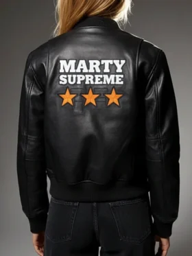 Womens Marty Supreme Bomber Jacket back view showing rear panel construction and full length finish