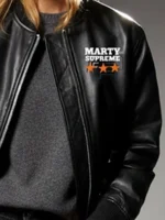Womens Marty Supreme Bomber Jacket close up view showing stitching texture and construction detail