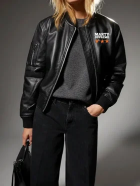 Womens Marty Supreme Bomber Jacket front view showing full silhouette and clean colorway design