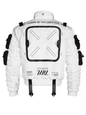 Rear profile of the iconic XB-04 White Short Bomber Jacket.