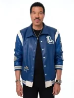 The front side of the American Idol Lionel Richie Blue Varsity Jacket featuring high-quality snap buttons and ribbed trims.