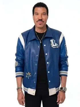 The front side of the American Idol Lionel Richie Blue Varsity Jacket featuring high-quality snap buttons and ribbed trims.
