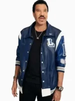 A full profile of the American Idol Lionel Richie Blue Varsity Jacket showing its classic contrast sleeves and bold blue body.