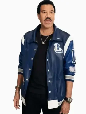 A full profile of the American Idol Lionel Richie Blue Varsity Jacket showing its classic contrast sleeves and bold blue body.