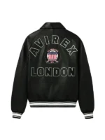Back view of Avirex London Icon black leather bomber jacket with AVIREX LONDON arch lettering and All Americans Established 1975 crest