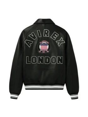 Back view of Avirex London Icon black leather bomber jacket with AVIREX LONDON arch lettering and All Americans Established 1975 crest