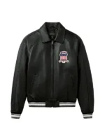Front view of Avirex London Icon black leather bomber jacket with All Americans US flag shield patch and striped rib knit cuffs