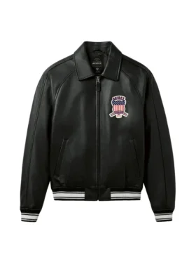Front view of Avirex London Icon black leather bomber jacket with All Americans US flag shield patch and striped rib knit cuffs