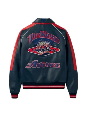 Back view of Avirex The Kings navy leather varsity jacket with The Kings arch lettering and Gold Kickoff crown graphic
