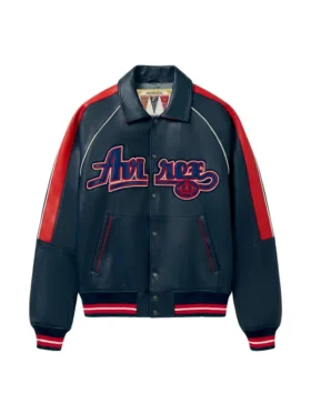 Front view of Avirex The Kings navy leather varsity jacket with Kings script logo, red sleeve panels and tri-color rib knit cuffs