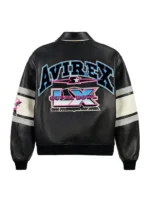 Back view of Avirex x Starter Super Bowl LX black leather jacket with AVIREX arch graphic, Super Bowl LX San Francisco Bay Area branding