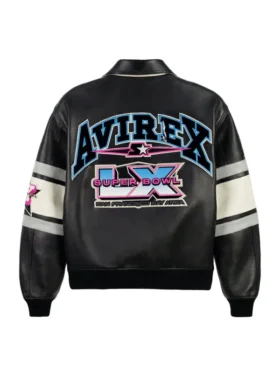Back view of Avirex x Starter Super Bowl LX black leather jacket with AVIREX arch graphic, Super Bowl LX San Francisco Bay Area branding