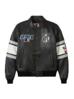 Front view of Avirex x Starter Super Bowl LX black leather jacket with NFL shield patch, Avirex Starter badge, and white stripe sleeves