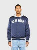 Front view of BBC x New York Yankees navy satin hooded jacket with arch NEW YORK chest lettering and Yankees sleeve patch
