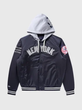 Full front product shot of BBC x NY Yankees navy satin hooded jacket with NEW YORK arch lettering, Yankees badge and grey hood
