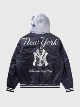 Clean back product shot of Billionaire Boys Club NY Yankees navy satin stadium jacket with New York script and BBC graphic