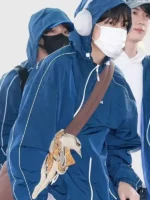 BTS members wearing matching blue Keep Swimming hooded jackets together at airport