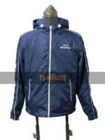 Front view of BTS Keep Swimming deep blue jacket with hooded collar and zip pockets