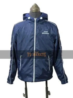 Front view of BTS Keep Swimming deep blue jacket with hooded collar and zip pockets
