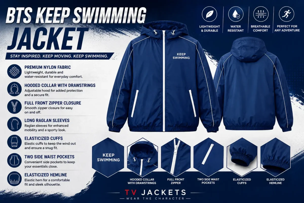 BTS Keep Swimming jacket infographic showing hooded collar, front zipper, raglan sleeves and elasticized cuffs at TVJackets