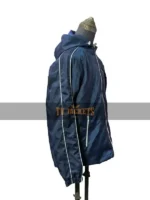 Side view of BTS Keep Swimming deep blue windbreaker jacket with hooded collar