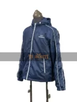 Three quarter view of BTS Keep Swimming jacket showing front zipper and chest text