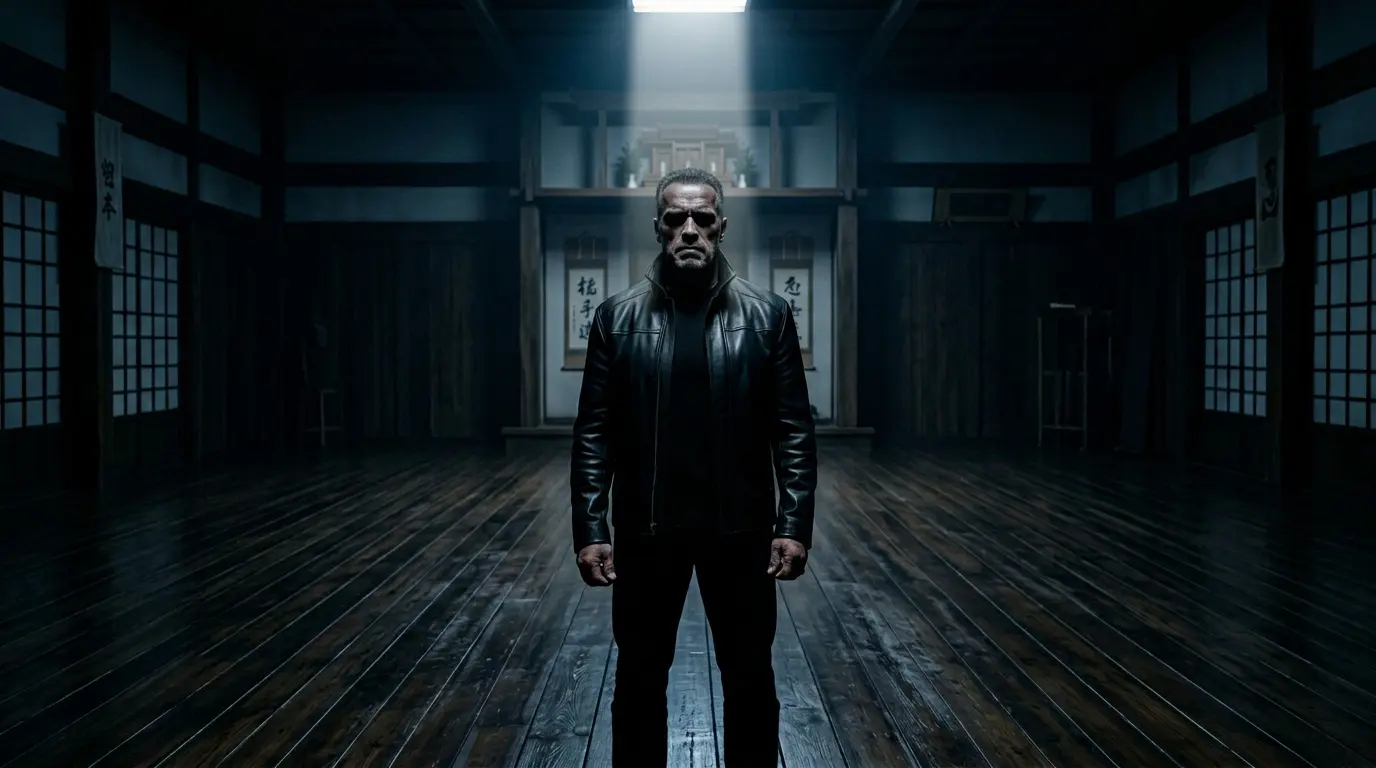 Cobra Kai Black Leather Jacket Dojo Authority at TVJackets Cobra Kai black leather jacket representing the dojo's senior authority and No Mercy philosophy worn in a dark commanding editorial setting at TVJackets