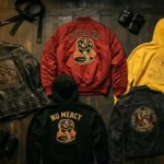 Cobra Kai cast character outfits including Johnny Lawrence red jacket, black leather jacket, No Mercy hoodie, yellow hoodie and Eagle Fang costume displayed in dark dojo-inspired editorial layout at TVJackets