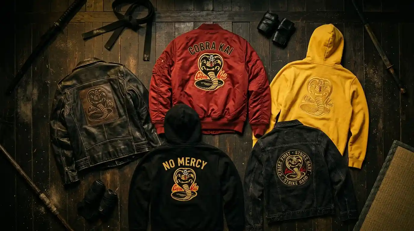 Cobra Kai cast character outfits including Johnny Lawrence red jacket, black leather jacket, No Mercy hoodie, yellow hoodie and Eagle Fang costume displayed in dark dojo-inspired editorial layout at TVJackets