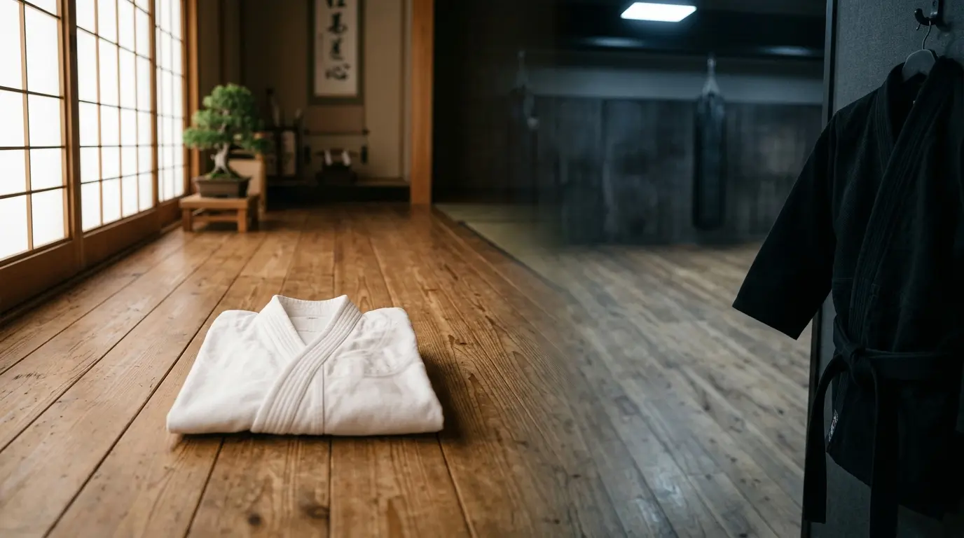 Daniel LaRusso Miyagi-Do White Karate Costume from Cobra Kai at TVJackets Daniel LaRusso Miyagi-Do white karate costume from Cobra Kai displayed in a calm disciplined dojo setting representing the balance and patience philosophy as a direct visual contrast to the Cobra Kai black and gold aggressive aesthetic at TVJackets